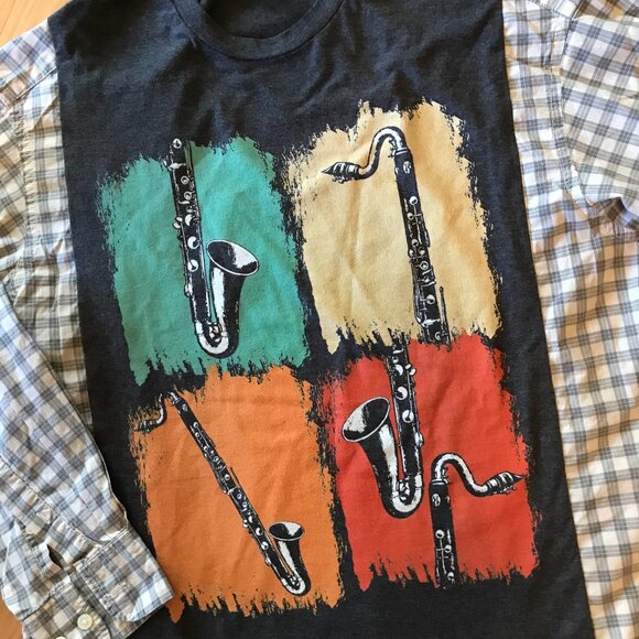 Upcycled Reworked Graphic Tshirt, Small to Medium: Saxophone Theme Plaid Shirt - Picture 9 of 12